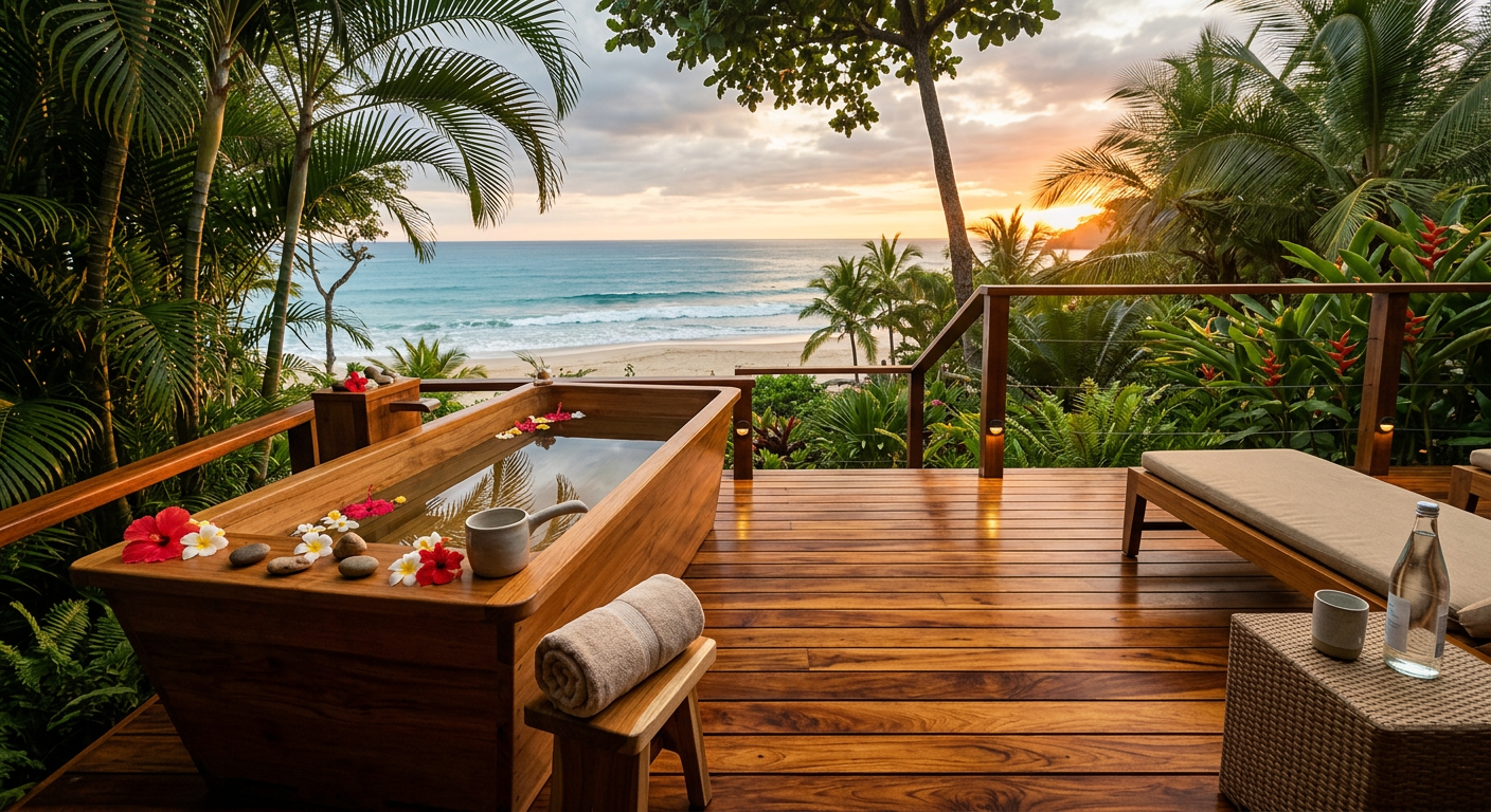 Deck de madera tropical restaurado en un beach club